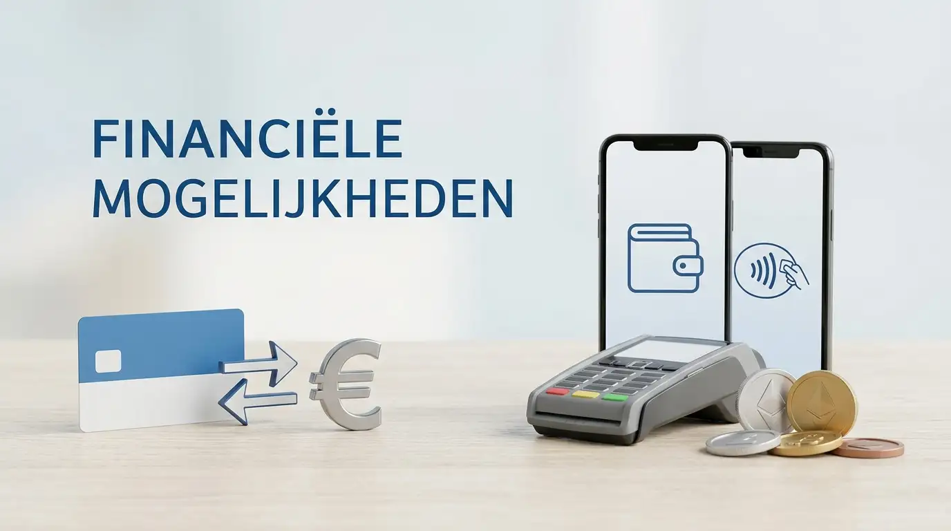 Betaalkeuze met bankkaart, bankoverschrijving, euroteken en cryptomunten naast een digitale portemonnee