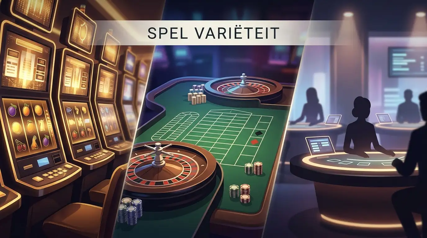 Casino-overzicht met videoslots, tafelspellen en een live-dealertafel als verschillende spelcategorieën