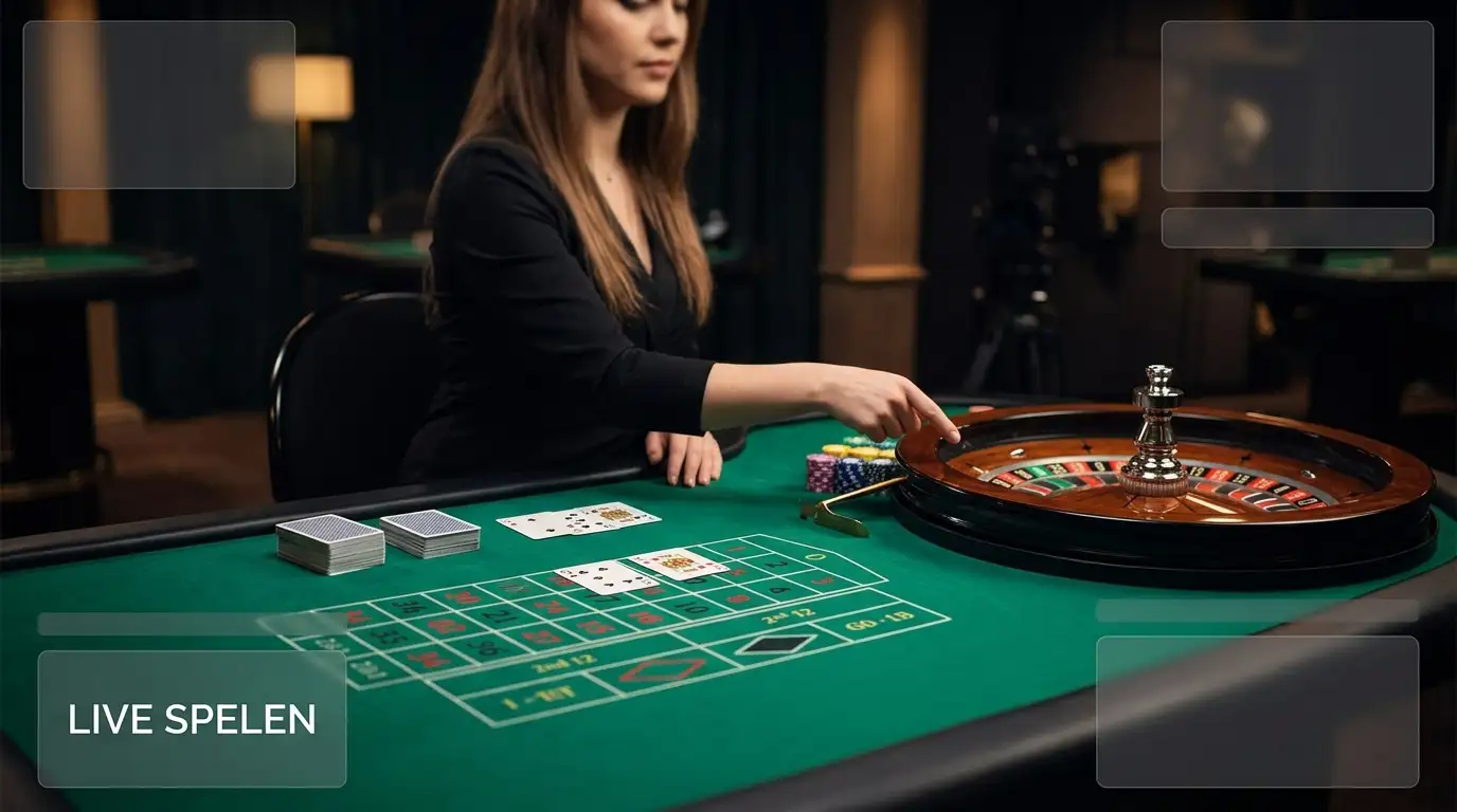 Live-casinotafel met roulette, speelkaarten en een videostream van een dealer