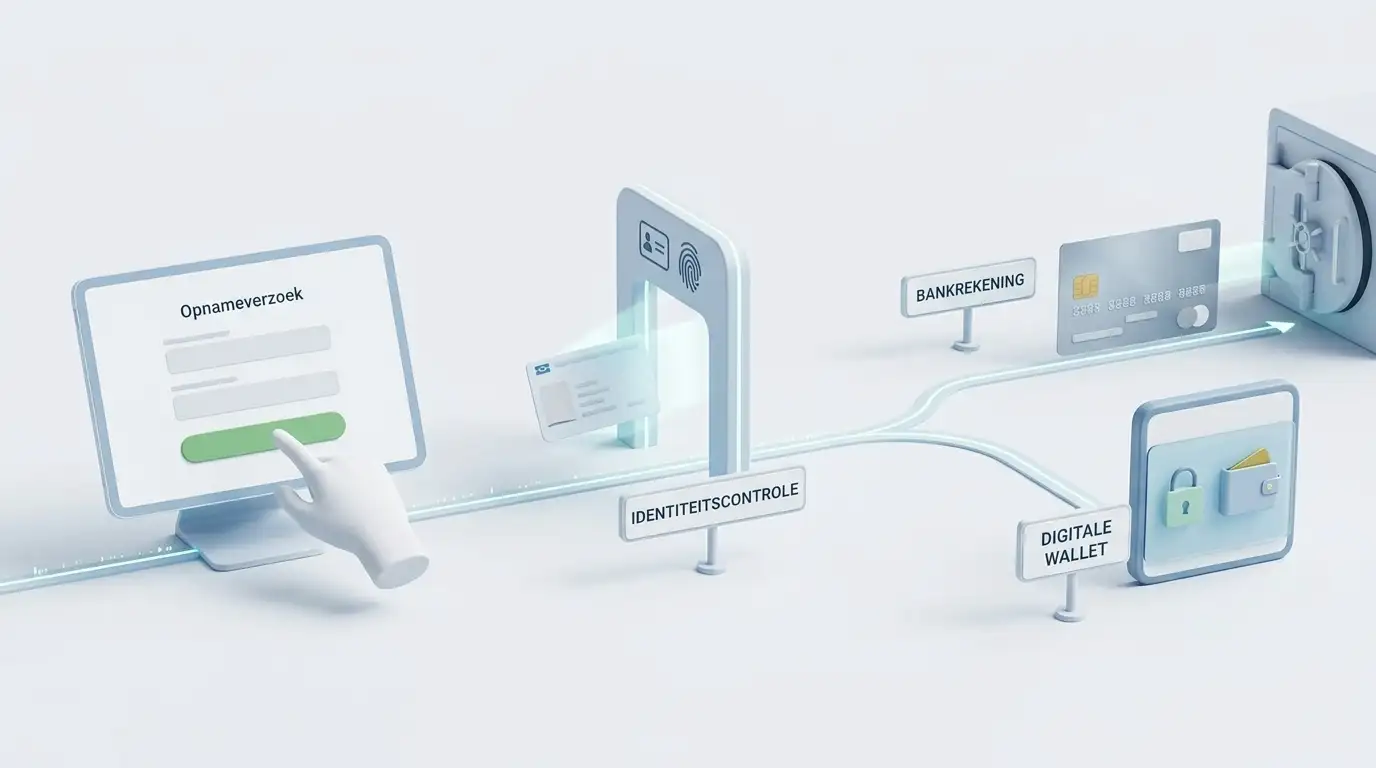 Opnameproces met verzoek, identiteitscontrole en uitbetaling naar bank of digitale wallet