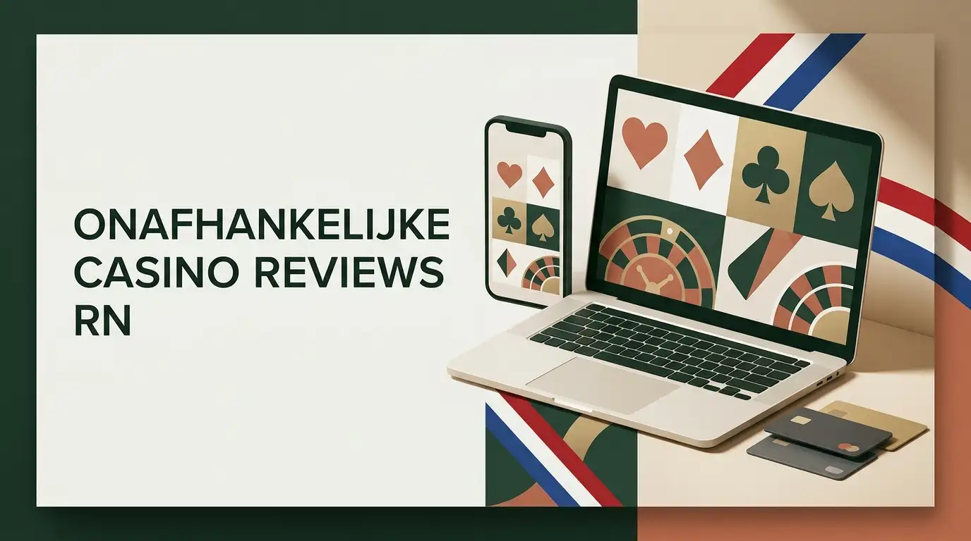 Online casino op laptop en telefoon met betaalkaarten en subtiele Nederlandse kleuraccenten